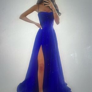 Women's Spaghetti Straps Glitter Tulle Prom Dresses with Slit Cowl Neck